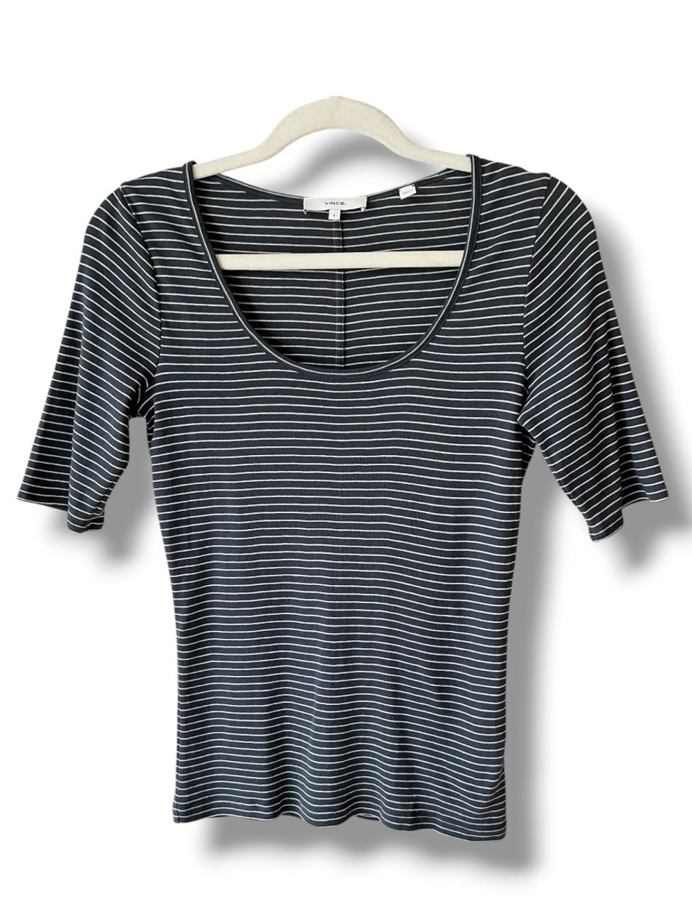 Vince Pima Cotton Scoop Neck Striped Short Sleeve Tee Dark Grey & White Size S